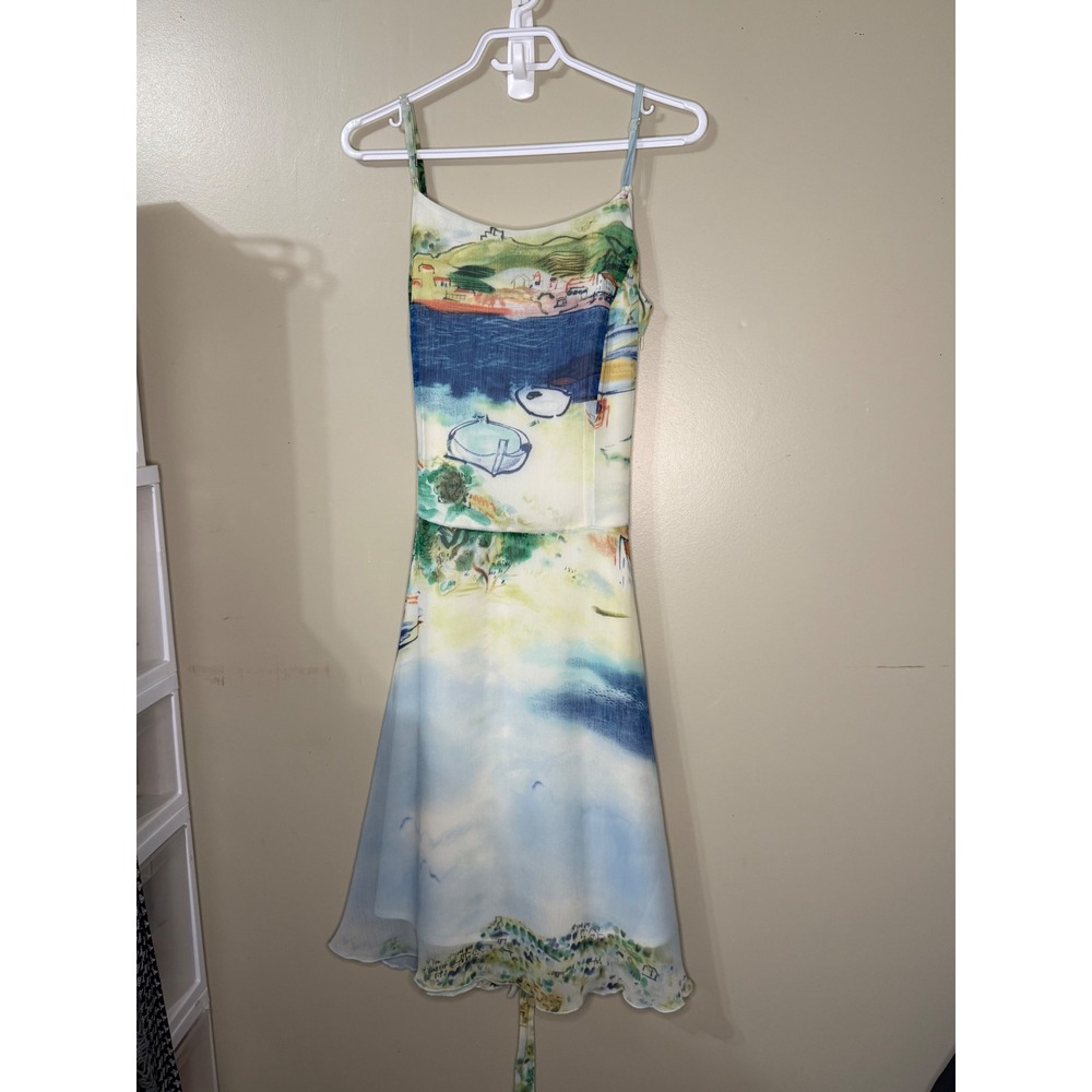 Tristan & Iseut Whimsy Scenic Watercolor Print Midi Dress Blue Green Womens 6